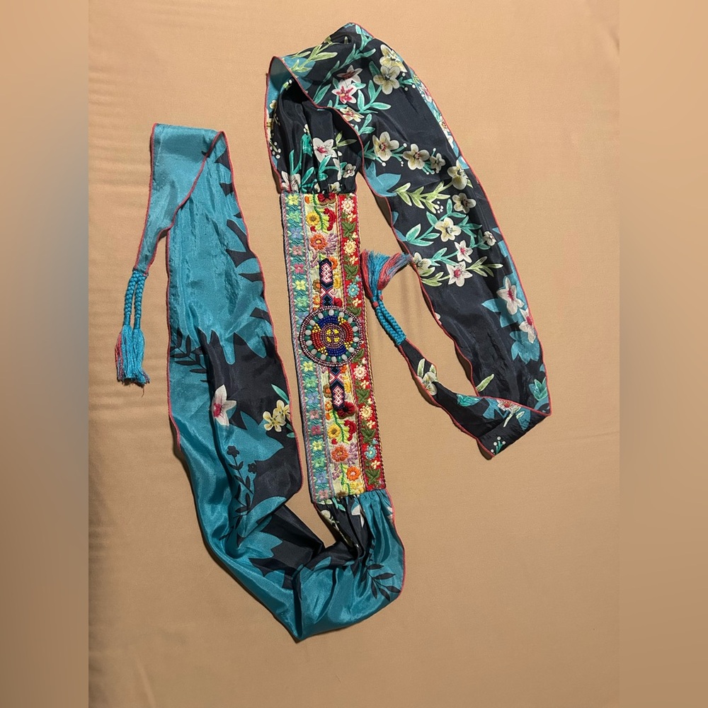 Johnny Was Floral Embroidered Belt - Teal and Black